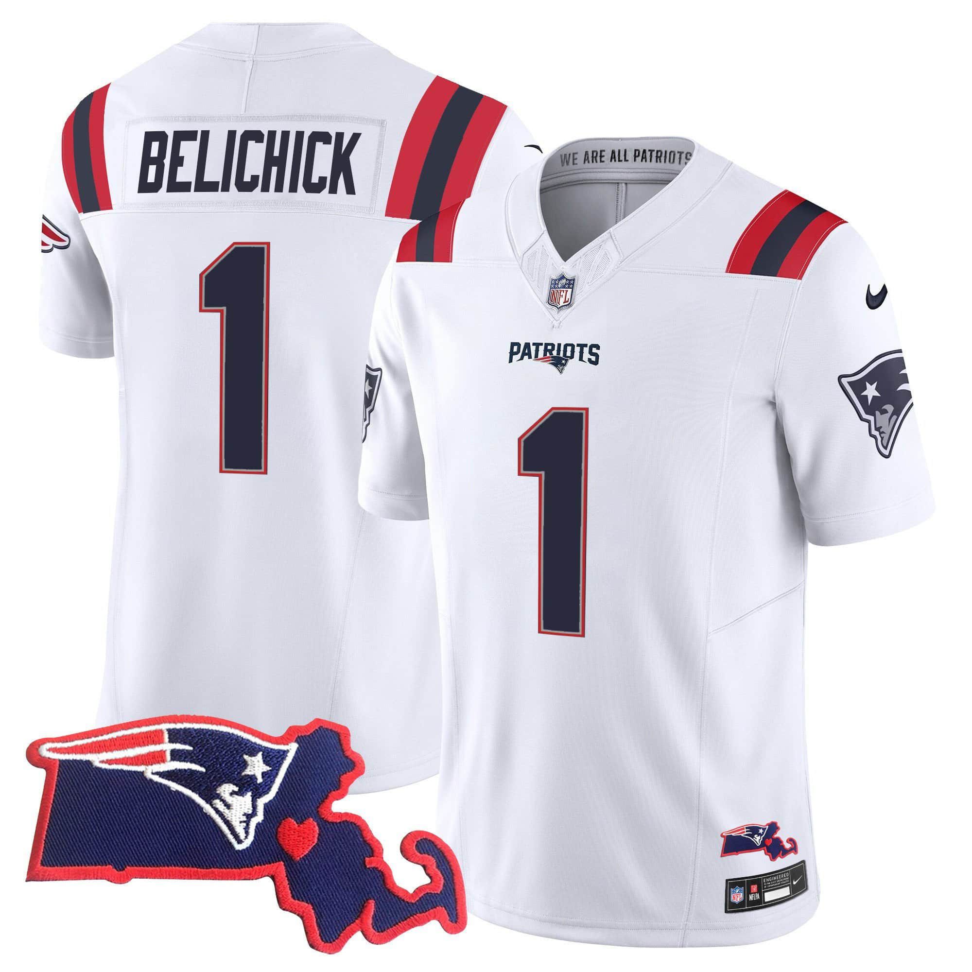 Men New England Patriots 1 Belichick White 2024 Nike Patch Vapor Limited NFL Jersey